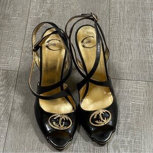 J8UST CAVALLI open toe Heels strappy size 38 US 7 black gold